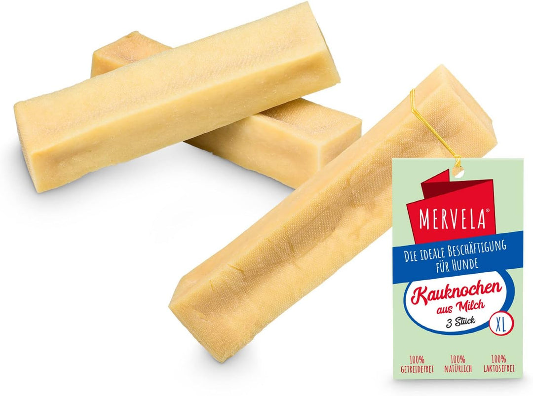 MERVELA® Kaukäse für Hunde | 3 * 170 Gramm | XXL | Käseknochen für Hunde | Beschäftigung & Belohnung