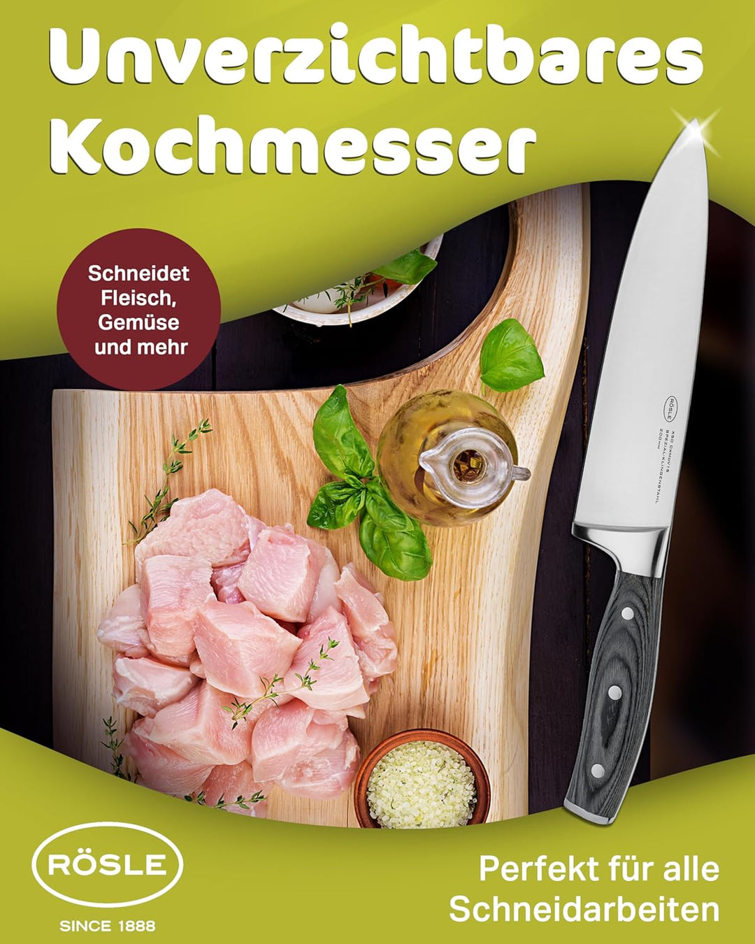 RÖSLE Kochmesser WOLFGREY 20 cm – Hochwertiges und scharfes Küchenmesser, universell einsetzbar für