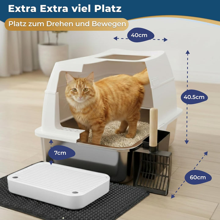 Katzenklo Edelstahl mit Deckel XXL – Geschlossene Katzentoilette mit 2 Eingängen, Trittstufe, Schauf