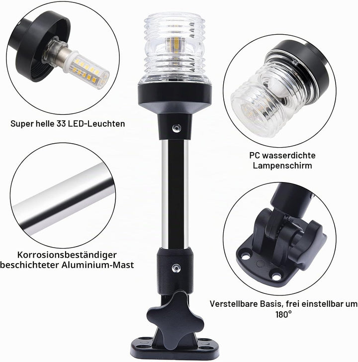 Geloo 10 Zoll Einstellbare LED Navigationslampe, Weiss Marine-Ankerlicht, 360 Grad LED Navigationssi