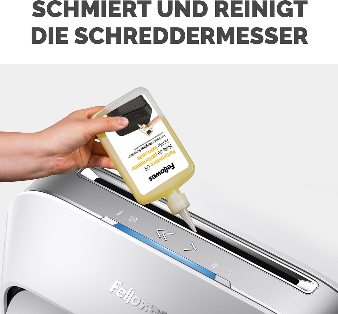 Fellowes Aktenvernichter-Öl, Inhalt: 355 ml, zur Pflege von Partikelschnitt- und Mikroschnitt Aktenv