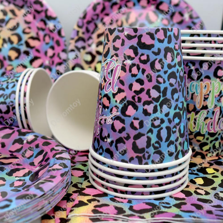 Doyomtoy Leopard Geburtstag Deko, 61 Stück Regenbogen Neon Leoparddruck Partygeschirr Geburtstag Par