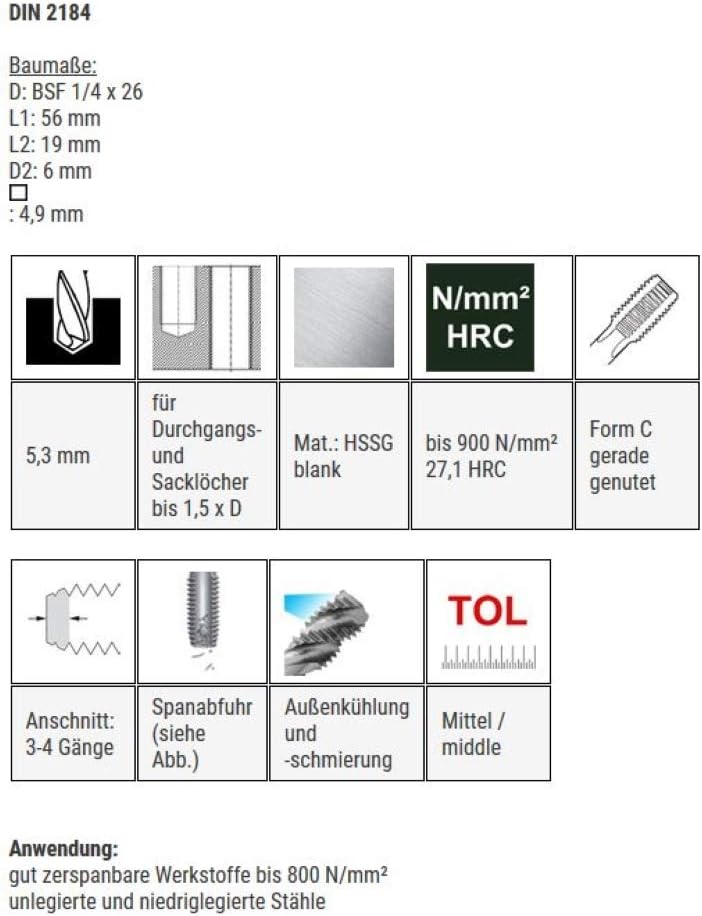 BAER Einschnittgewindebohrer Form C, BSF 1/4 x 26, HSSG, Gewindeschneider, Gewindebohrer, Bohrer, Ge