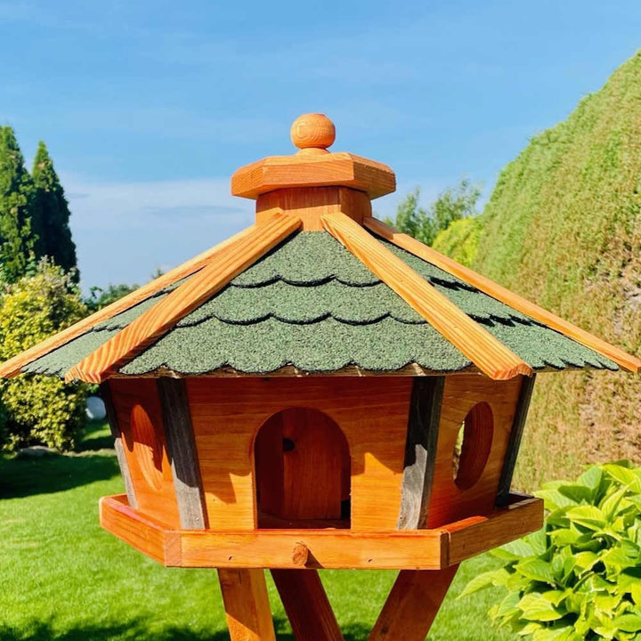 Vogel Futter Haus L oder XL Sechseck Holz Vogelhaus Futterstelle Braun/Blau, Rot, Schwarz und Grün (