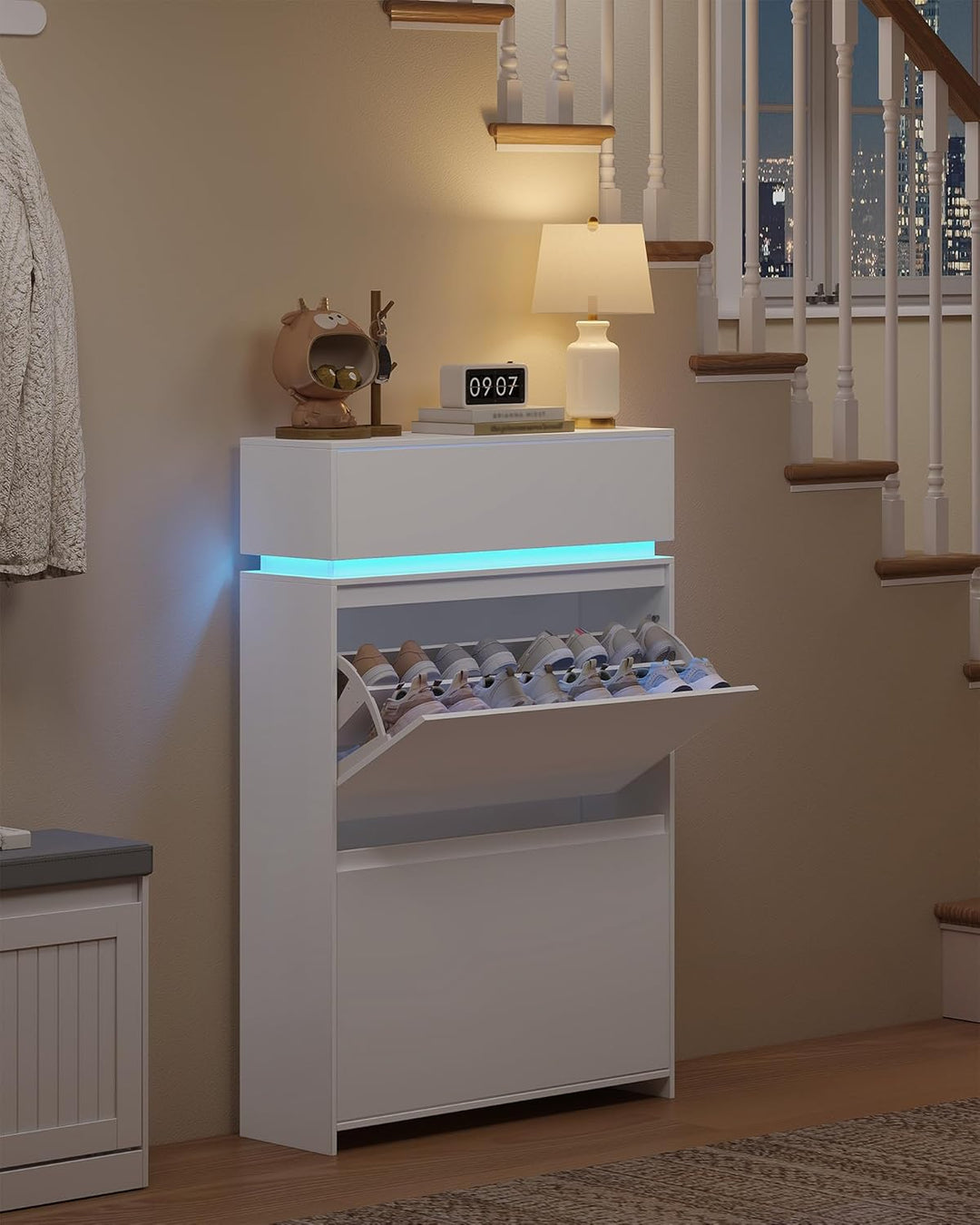 Hzuaneri Schuhschrank, Schuhkipper Schmal mit LED-Leuchten, Schuhregal, Verstellbare Ablagefläche, 1