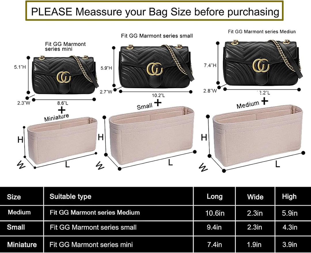 LEXSION Filzeinsatz mit ReiÃŸverschluss, kleine Handtasche Tote Shaper Einsatz für GG Marmont Matela