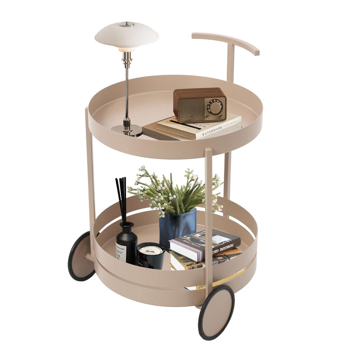 2-Stöckig Rund Servierwagen mit 2 Räder, Ladekapazität Jeder Stufe 10kg, 40x40x61m, Teewagen für Mei