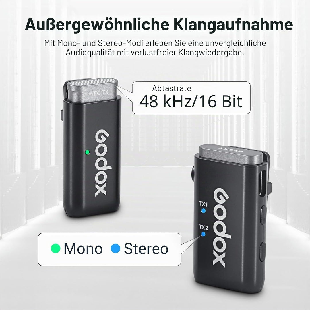 Godox WEC kit2 Drahtloses Lavalier-Mikrofon,8 Stunden Akkulaufzeit, kabelloses Zweikanal-2,4-G-Mikro