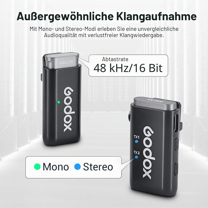 Godox WEC kit2 Drahtloses Lavalier-Mikrofon,8 Stunden Akkulaufzeit, kabelloses Zweikanal-2,4-G-Mikro