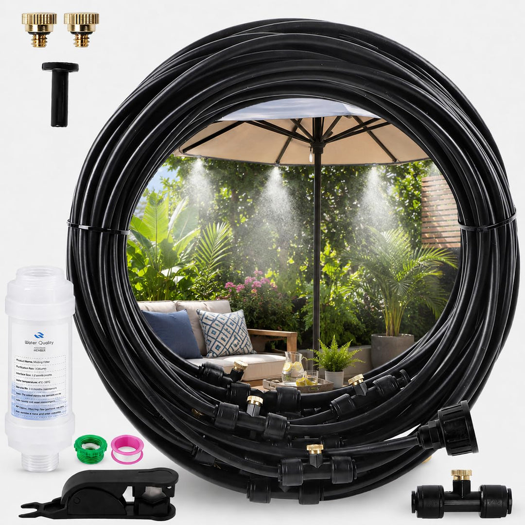 Tesmotor Sprühnebel Kühlung Set 18M | Outdoor Misting System mit 20 Messing Nebeldüsen &amp; Ein Filter,