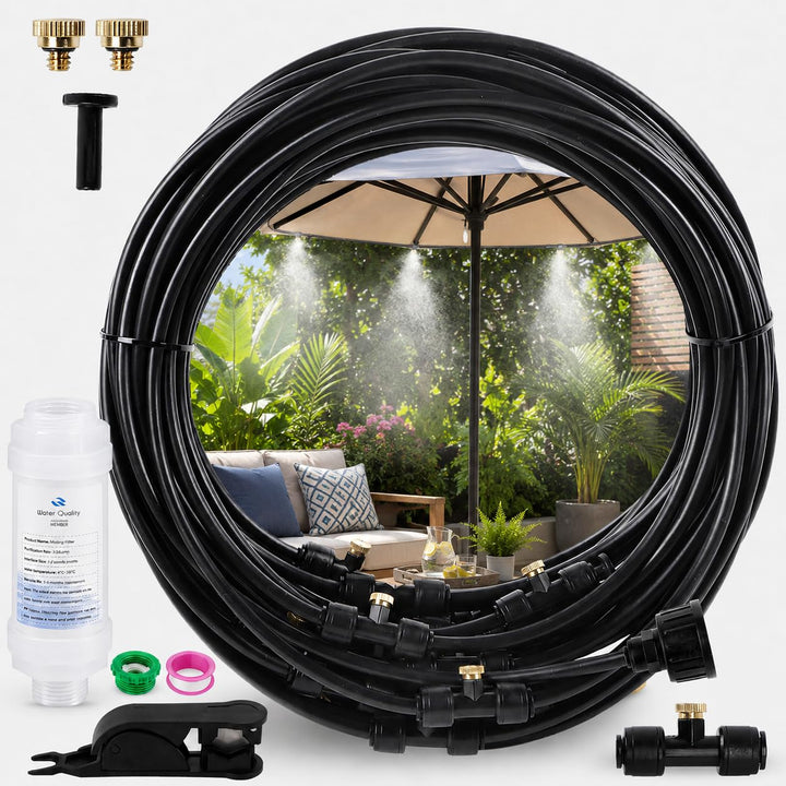 Tesmotor Sprühnebel Kühlung Set 18M | Outdoor Misting System mit 20 Messing Nebeldüsen &amp; Ein Filter,