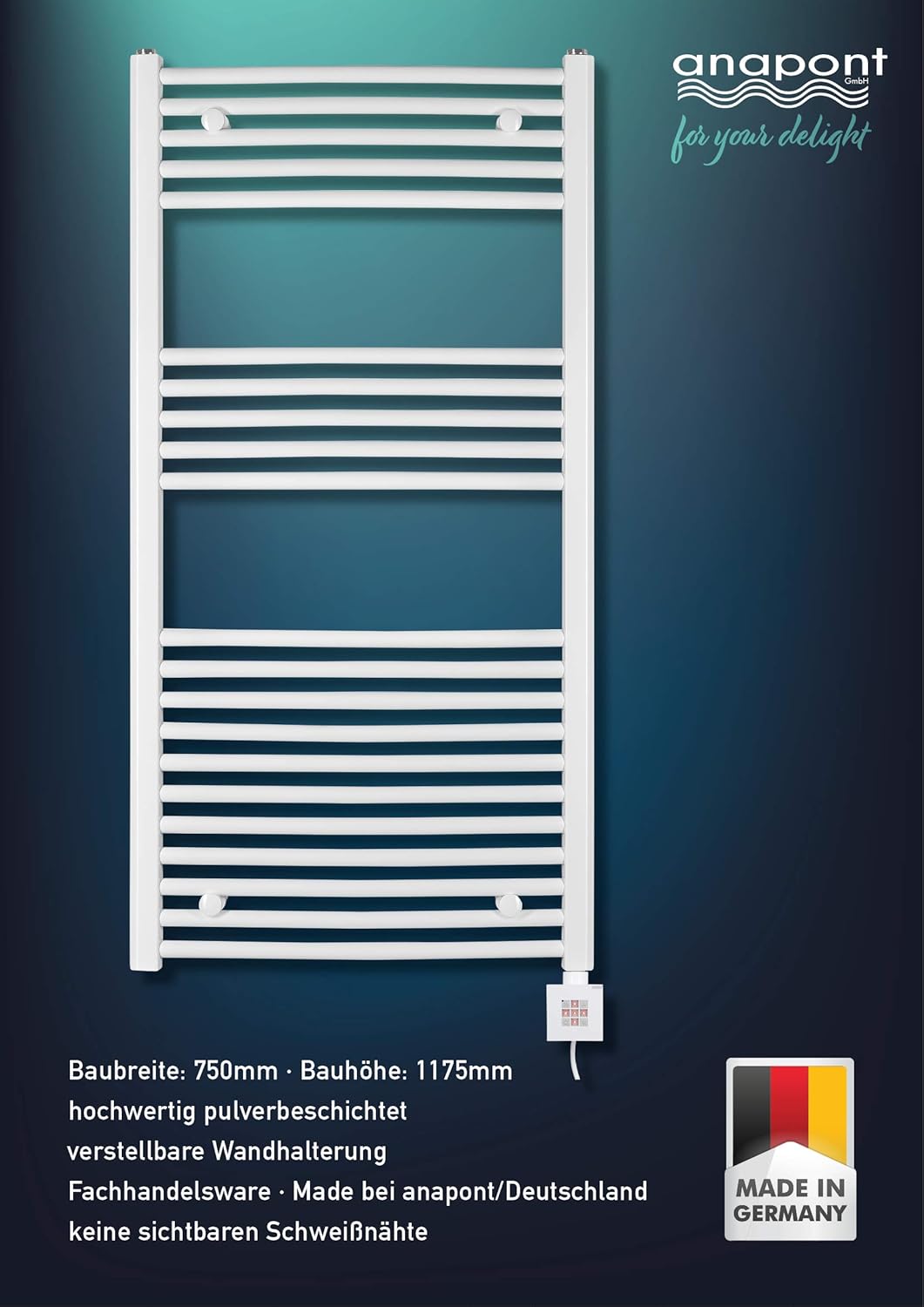 anapont elektrischer Badheizkörper - weiss gebogen - mit AN/AUS - Schalter - Handtuchheizkörper - Ba