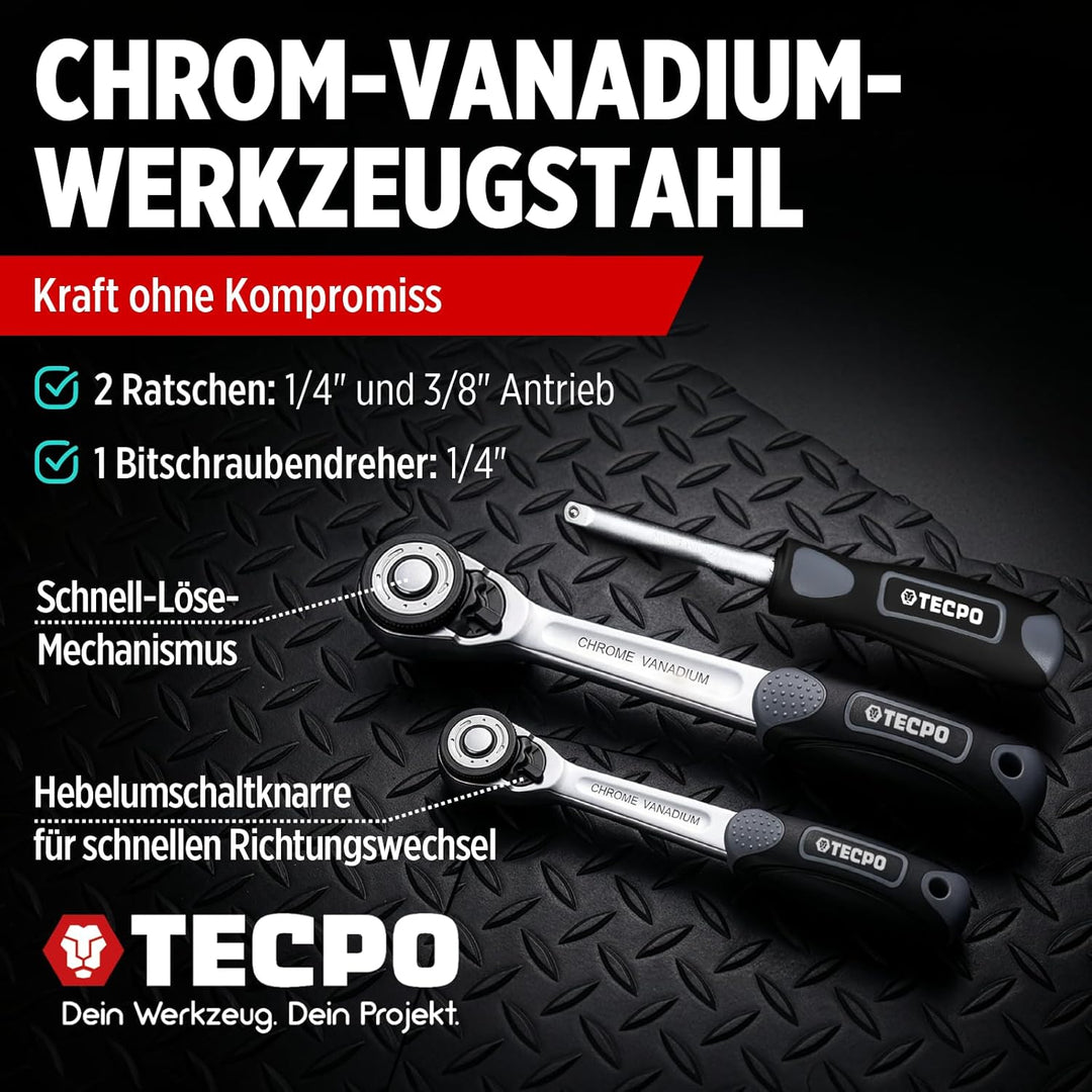 TECPO Zoll Steckschlüssel-Satz, Ringschlüssel und Maulschlüssel, Werkzeugkoffer 92-tlg, Ratsche mit