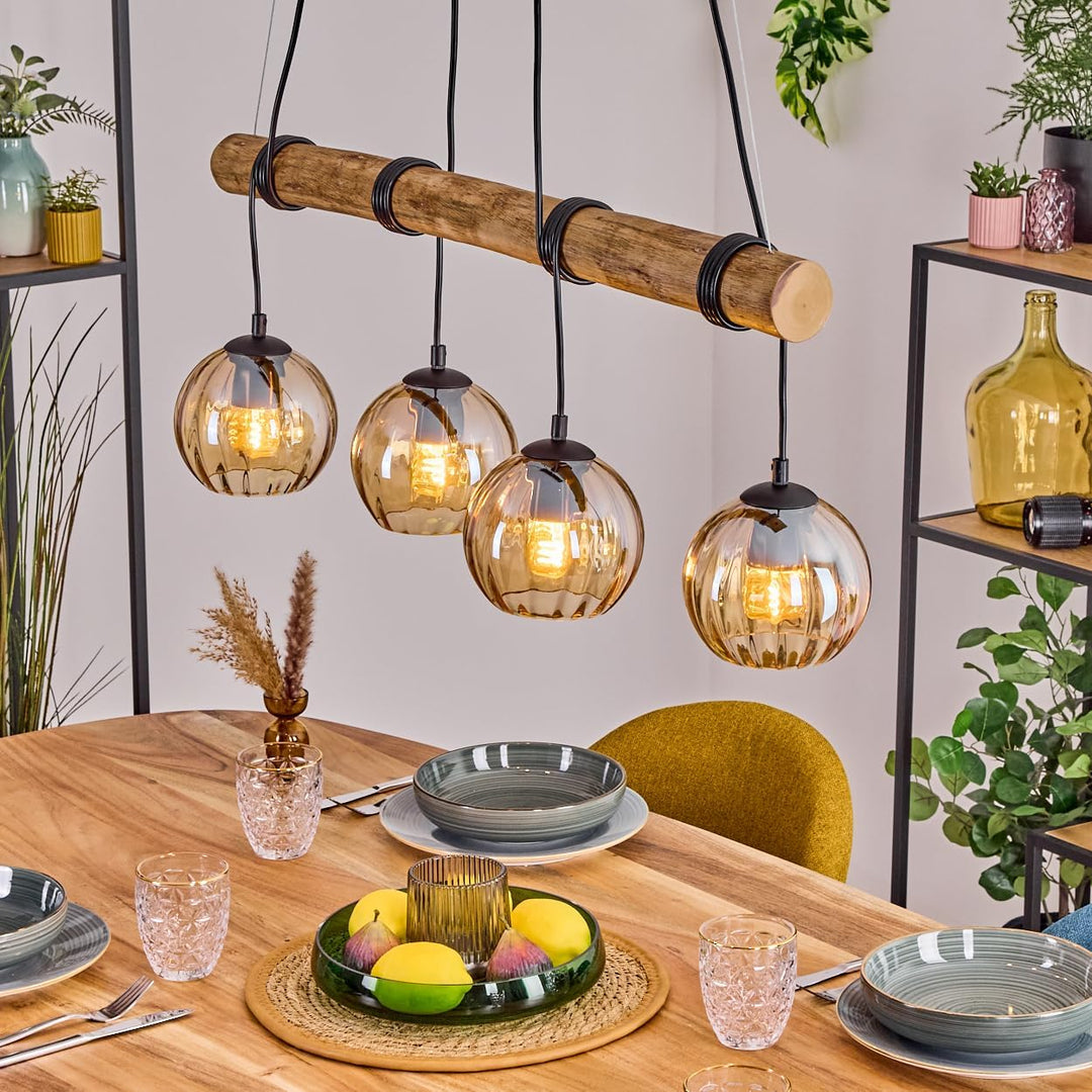 HOFSTEIN Pendelleuchte Koyoto, Hängelampe aus Metall/Holz/Riffelglas in Schwarz/Natur/Bernstein, Hän