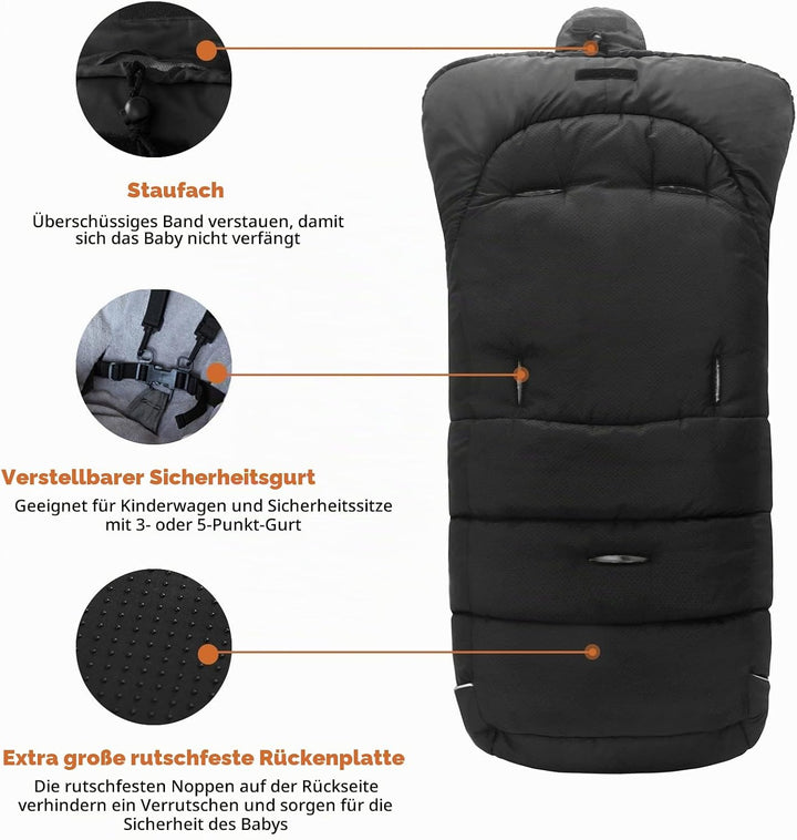 Fusssack Babyschale für Kinderwagen Buggy Universal Winter Baby Schwarz 102X54CM, Schwarz 102X54CM