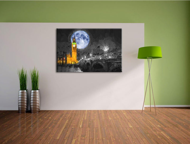 schöner Mond hinter der Big Ben in London Format: 120x80 auf Leinwand, XXL riesige Bilder fertig ger
