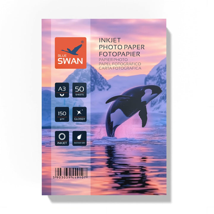 BLUE SWAN Fotopapier A3, 150 g/m², 50 Blatt – Hochglänzend, spritzwasserabweisend, einseitig beschic