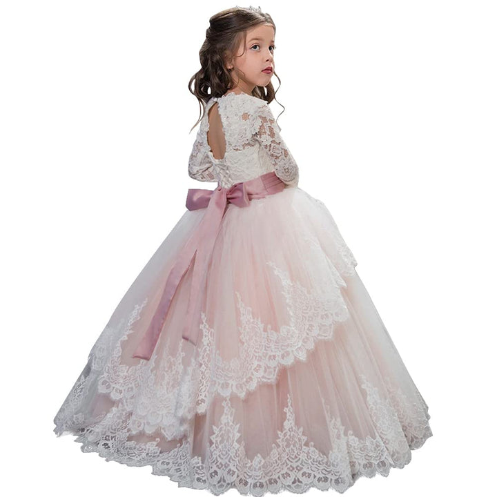 PLWEDDING Spitze Lange Ärmel Blumenmädchen Kleid Prinzessin Tüll Kleid für Kinder Erstkommunion Klei