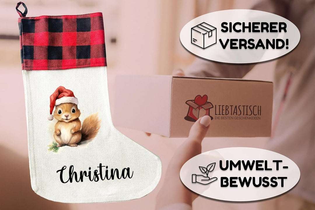 LIEBTASTISCH - Personalisierte Weihnachtssocken mit Tieren - 40cm x 30cm - Weihnachtsstrumpf zum Nik
