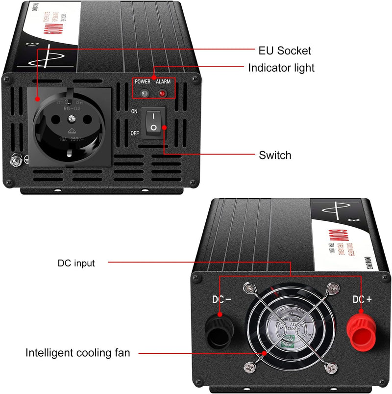 wechselrichter 12v auf 230v Reiner Sinus 600w 50HZ Spannungswandler mit Fernbedienung & Doppel-Digit