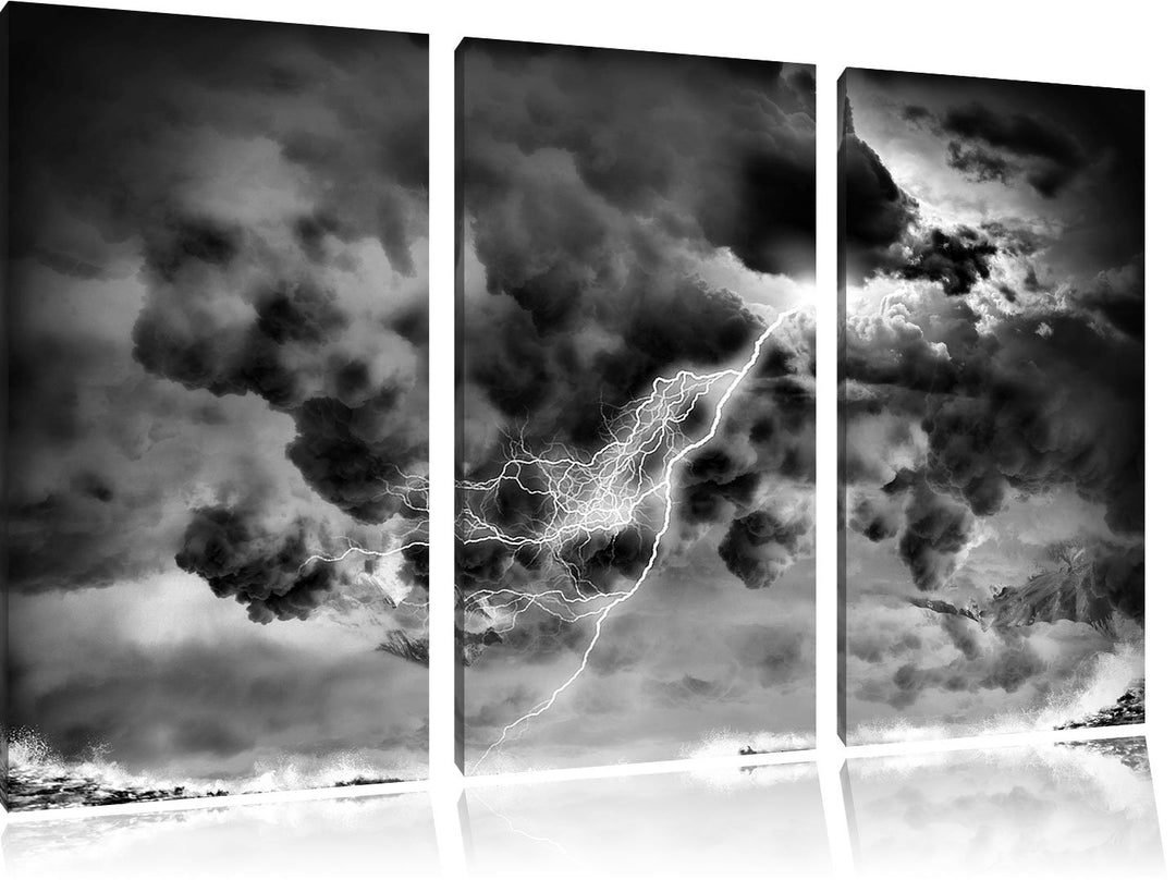 Pixxprint Monocrome, Blitz am Himmel 3-Teiler Leinwandbild 120x80 Bild auf Leinwand