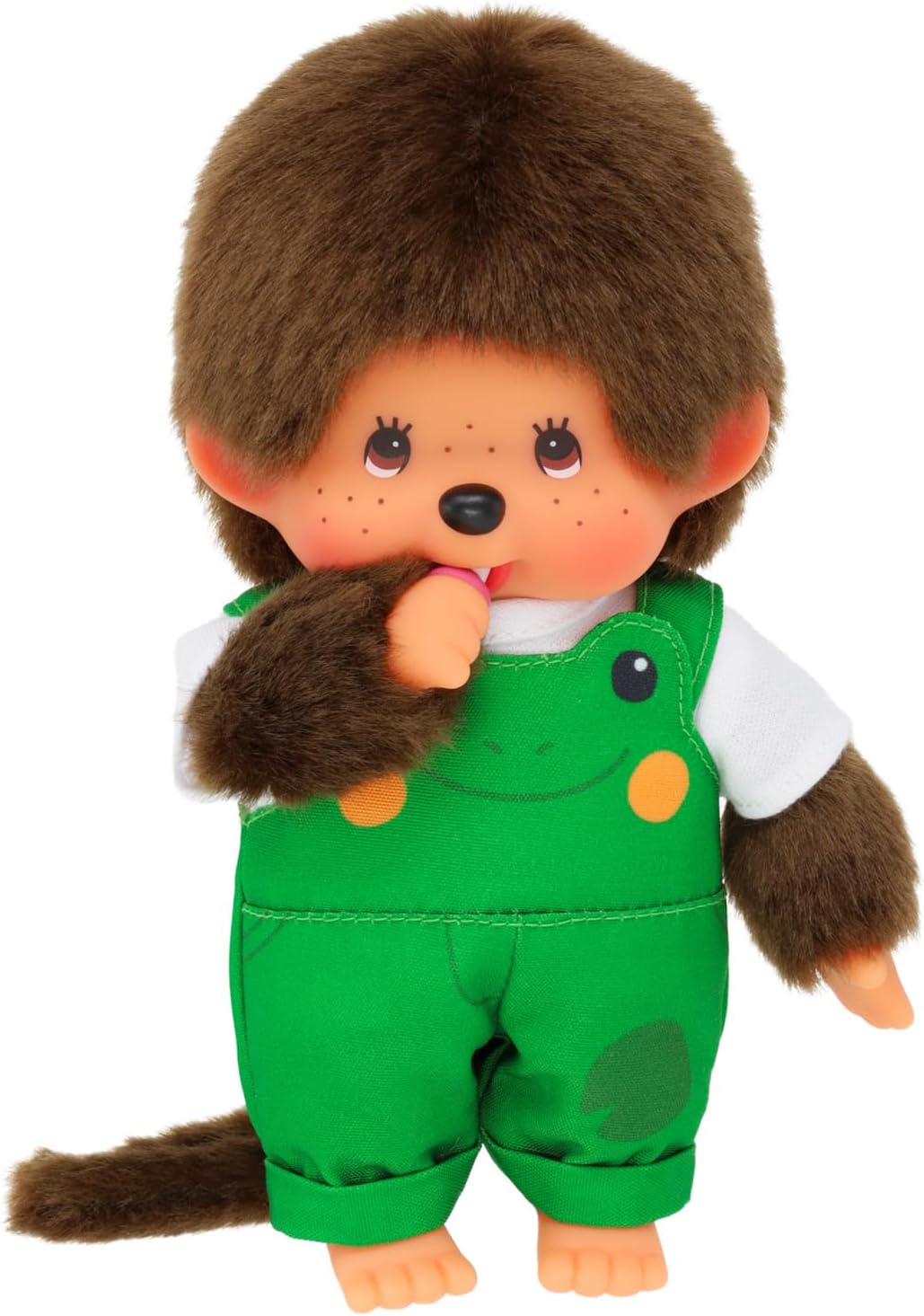 Sekiguchi 203871 - Original Monchhichi Junge mit Latzhose und Frosch-Motiv, ca. 20 cm grosses Kusche