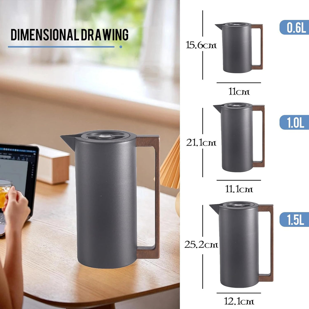 Thermoskanne Kaffeekannen Edelstahl Vakuum Isolations, Mit Holzgriff Und Einfachem Sicherheitsdruckk