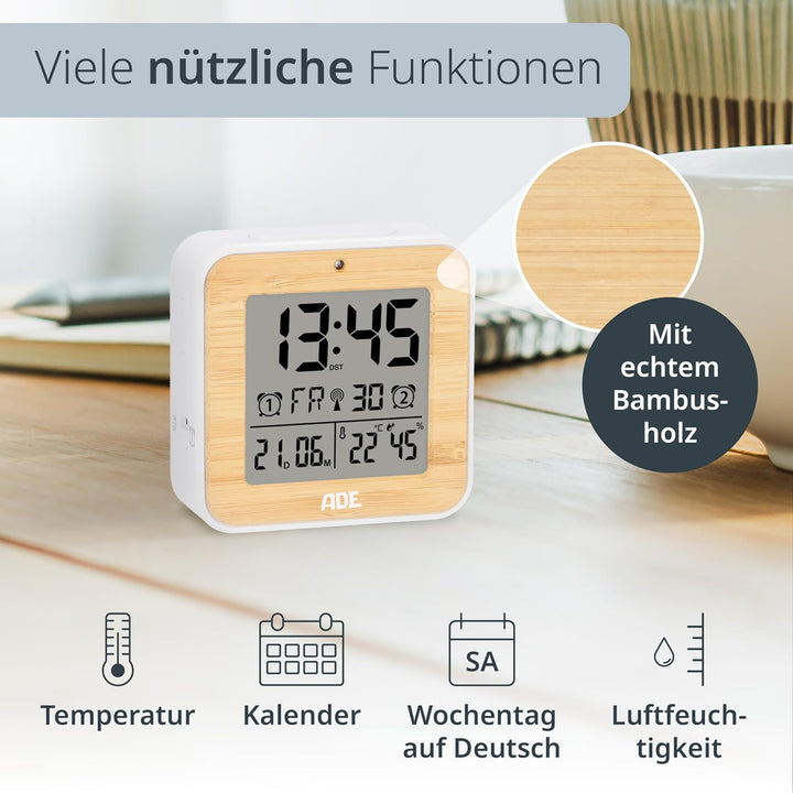 ADE Funkwecker digital mit Batterie | 2 Weckzeiten | Temperaturanzeige | Luftfeuchtigkeit | Gehäuse
