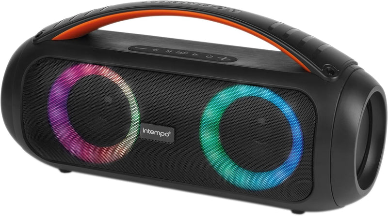 Intempo EE7508BLKSTKEU7 Bluetooth Boombox Lautsprecher – LED Farbwechsel Lichter, Tragegriff, Steuer