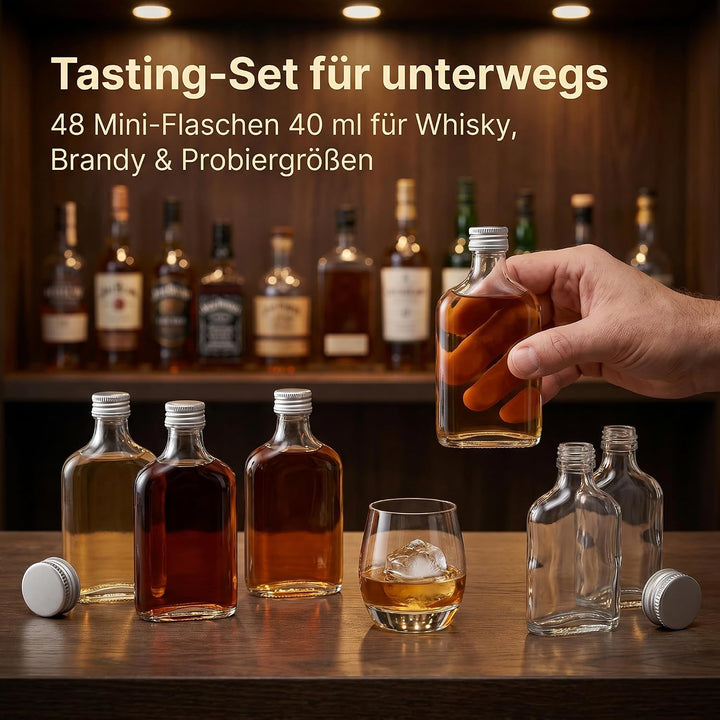 gouveo 48er Set Mini Glasflaschen 40 ml (0,04 l) Flachmann mit Schraubverschluss silberfarben – Klei