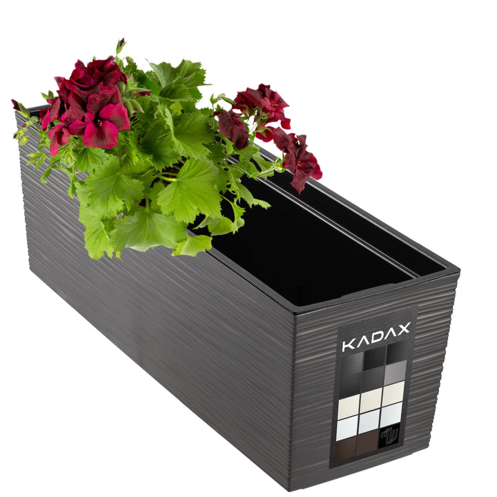 KADAX Blumenkasten 18,5x56 cm, Ritzmuster, Grafit, mit Einsatz – wetterfester rechteckiger Pflanzkas