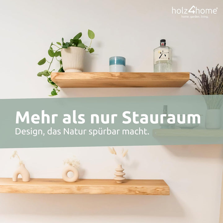 holz4home® Wandregal mit Baumkante 120 cm Länge, Natur Geölt I Schweberegal Massivholz mit unsichtba