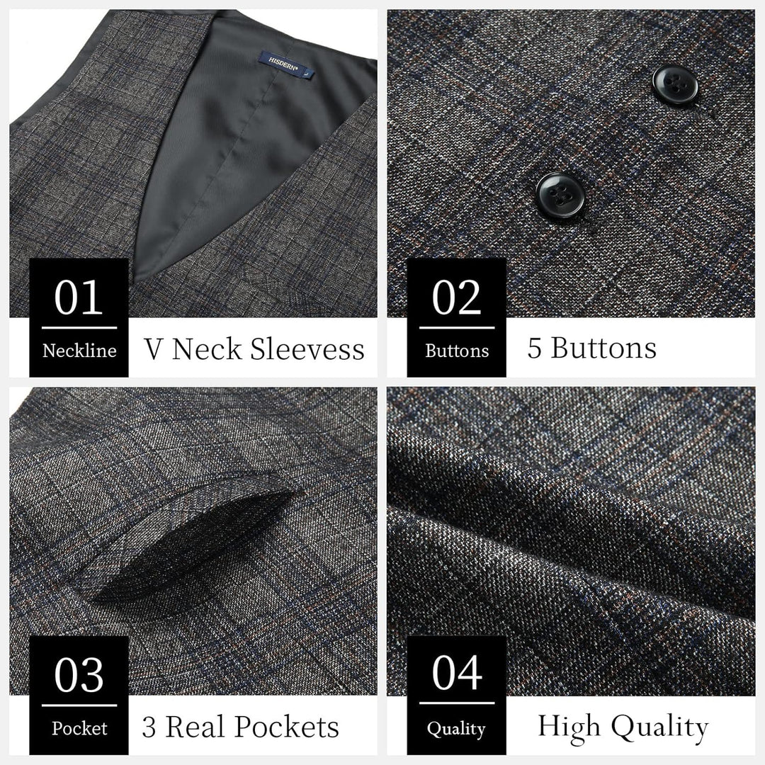 HISDERN Karierte Weste Herren Formale Klassische Weste Baumwolle Hochzeit Hahnentritt Anzugweste 4XL