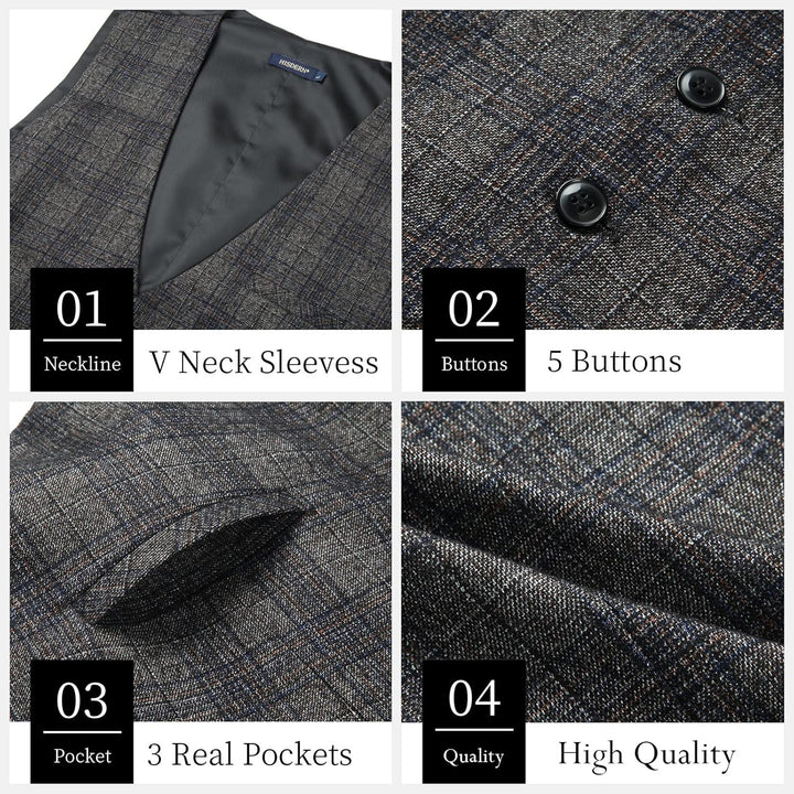 HISDERN Karierte Weste Herren Formale Klassische Weste Baumwolle Hochzeit Hahnentritt Anzugweste L A