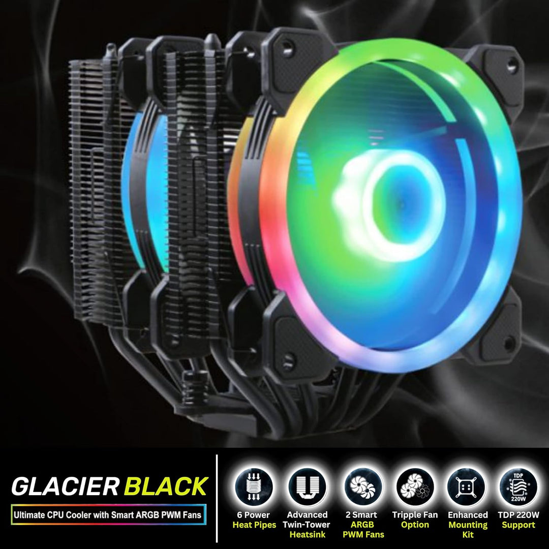 Gelid Solutions Glacier Black RGB – Twin Tower mit 6 Power Heatpipes – 2X 20mm-ARGB-PWM-Lüfter – TPD