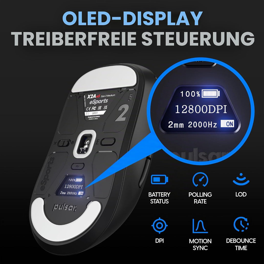 Pulsar Gaming Gears X2A ES kabellose Gaming-Maus, beidhändig, optischer Schalter, OLED-Display, trei