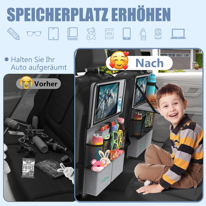 Plzpik Auto Organizer,2 Grosse Rückenlehnenschutz,Autositz Organizer Kinder mit Klapptisch, 12 Tasch