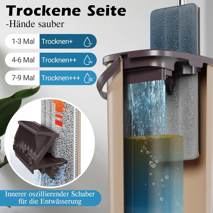 MASTERTOP Flach Mopp mit Eimer und 6 Mikrofaser Moppkopf, Hand-Frei Wischmop & Bodenwischer mit ausw
