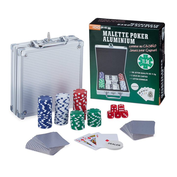 Relaxdays Pokerkoffer, 100 Pokerchips ohne Wert, 2 Kartendecks, 5 Würfel, Dealer-Button, Pokerset, a