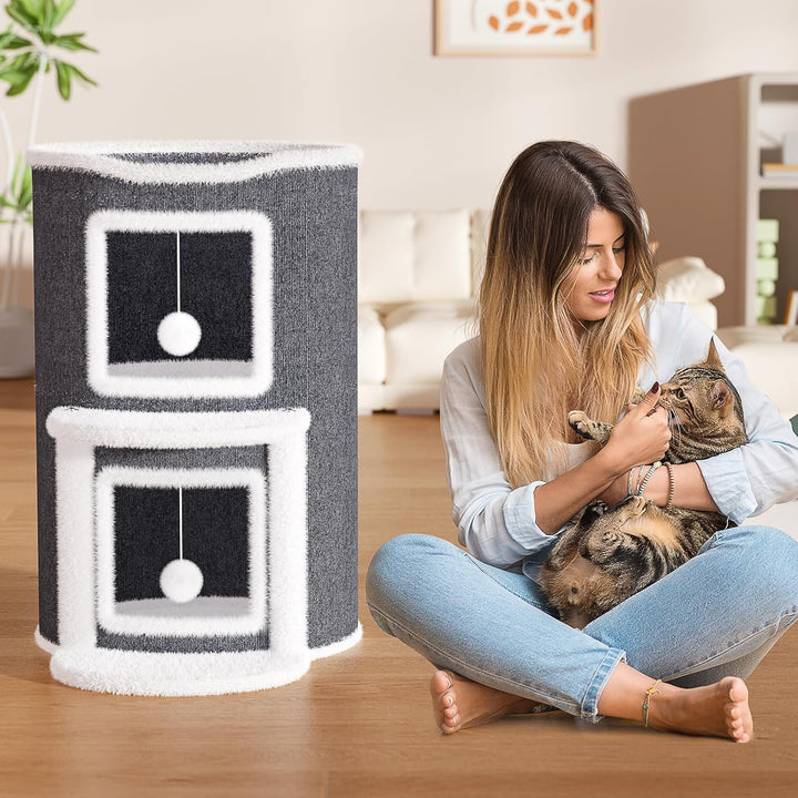 2-stöckige Katzenhöhle Katzenfass, Katzenhaus mit Kratzbrett für Indoor-Katzen,Kratzbaum Klein mit P