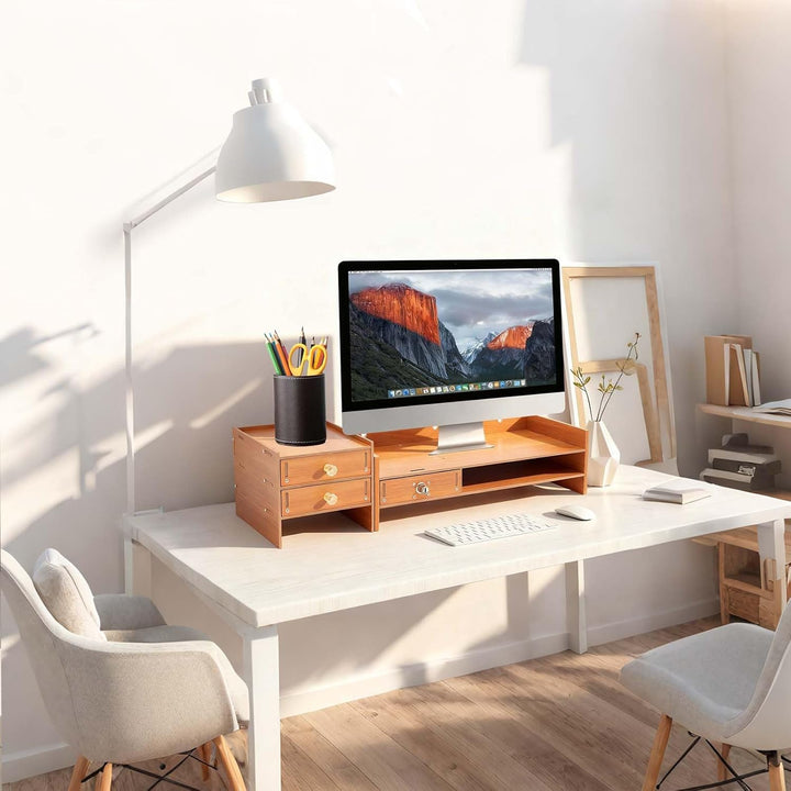 Monitorständer mit Schublade, 65,5cm Bildschirmerhöhung aus Holz für PC &amp; Laptop, Schreibtisch Organ