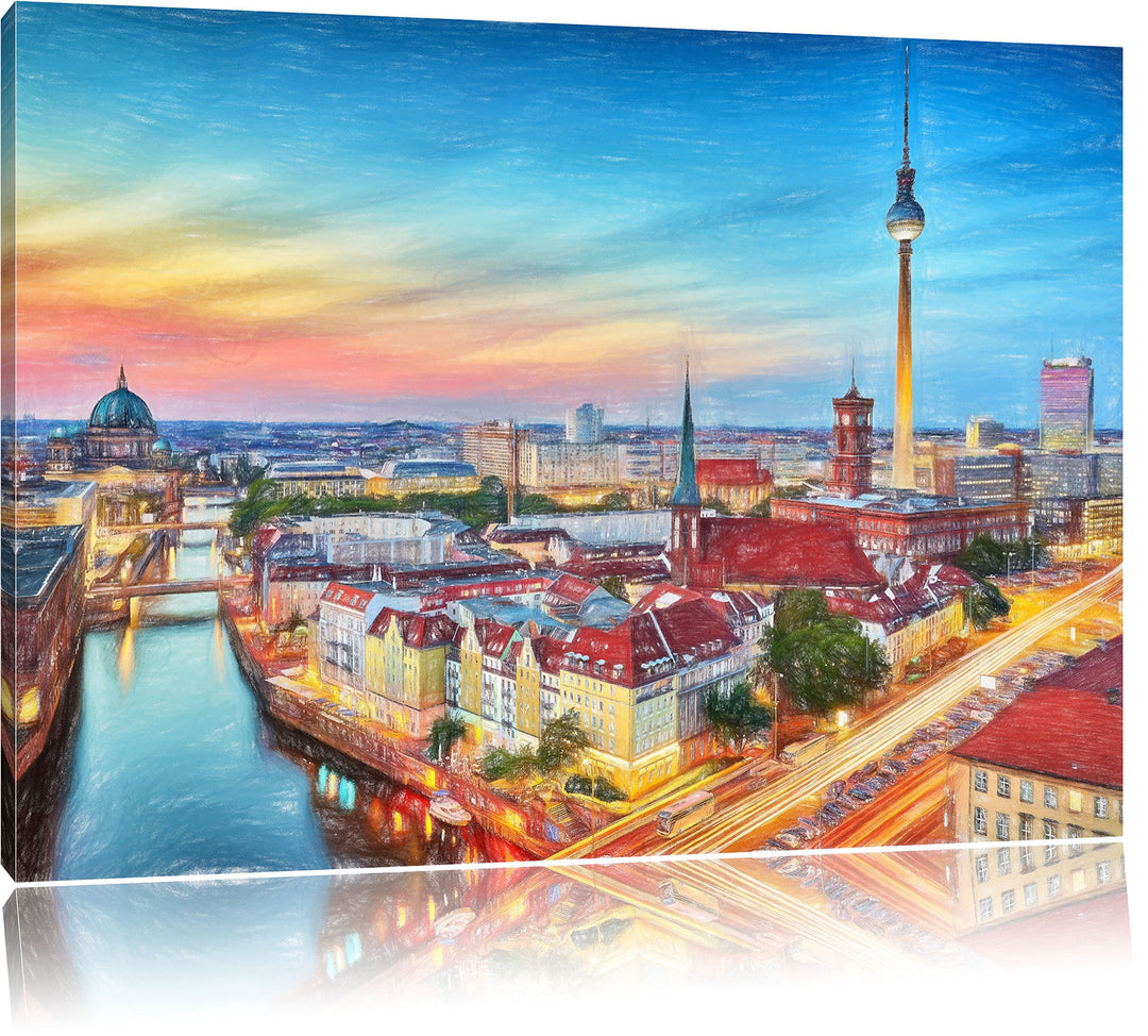 Pixxprint Berlin City Panorama Kunst Buntstift Effekt, Format: 100x70 auf Leinwand, XXL riesige Bild