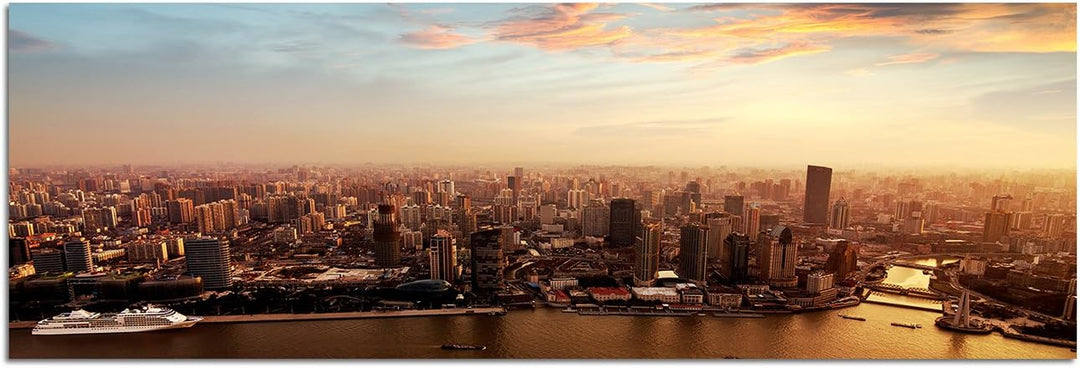 Augenblicke Wandbilder Leinwandbild als Panorama in 150x50cm Shanghai Skyline Sonnenuntergang Wolken