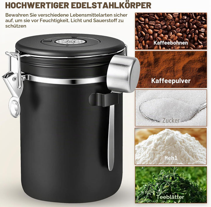 Kaffeedose aus Edelstahl 2,8L, Kaffeedose Luftdicht, Messlöffel & Datumsanzeige, 1kg Bohnen Vakuum K