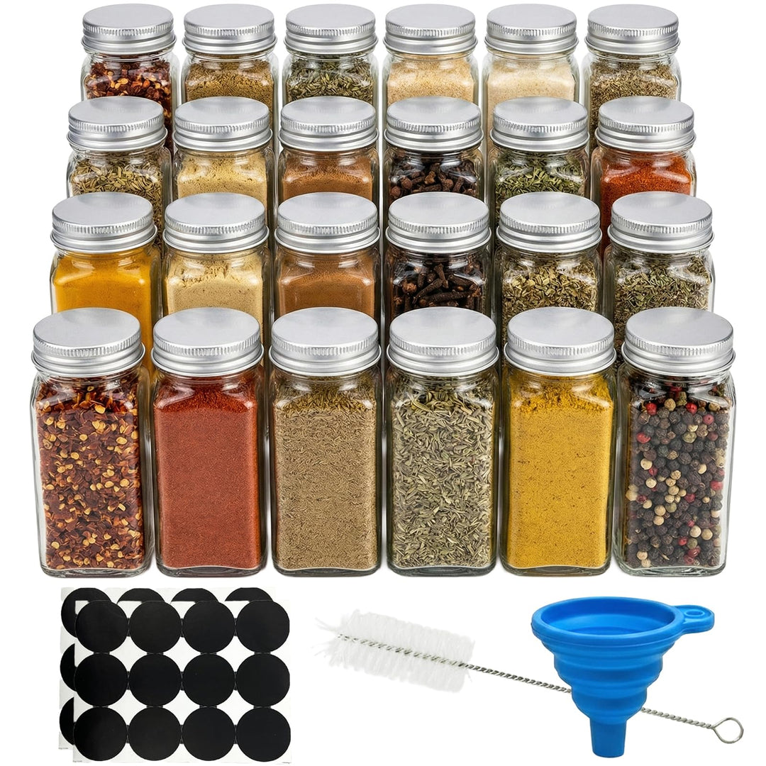 24er Set Gewürzgläser Eckig mit Streueinsatz, 120ml Gewürzgläser Leer aus Glas, Inkl. Etiketten, Tri