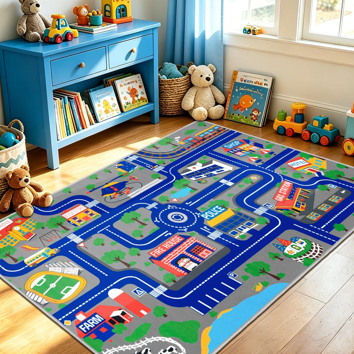 Capslpad Kinder Teppich Spielteppich für Kinder Stadt 100x160cm rutschfest Kinderteppich Spielmatte