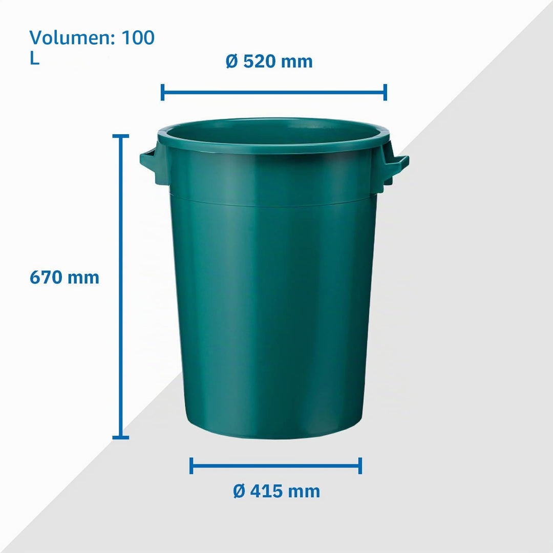100 Liter Kunststofftonne mit Griffen + Deckel, stapelbar, stabiler Eimer, Plastiktonne, Rundbehälte