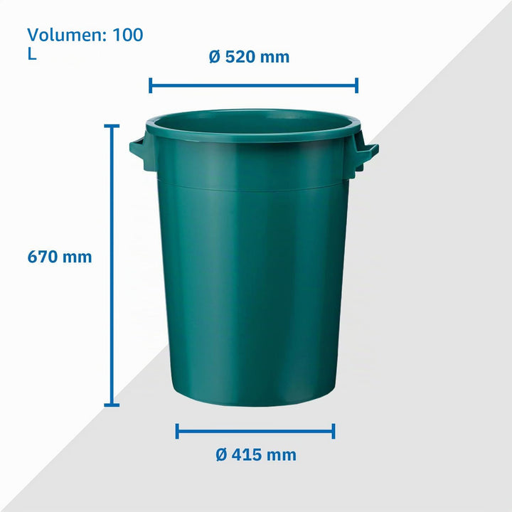 100 Liter Kunststofftonne mit Griffen + Deckel, stapelbar, stabiler Eimer, Plastiktonne, Rundbehälte