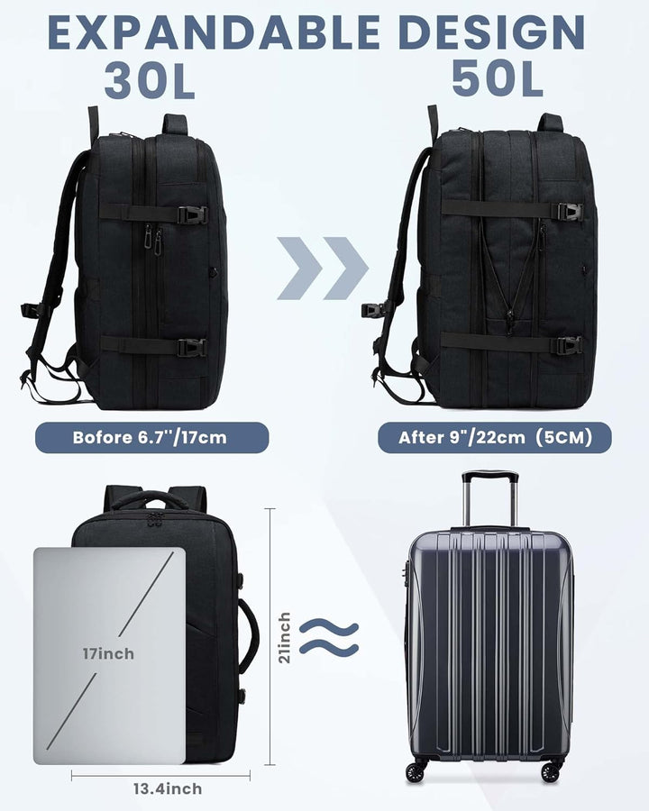 LOVEVOOK 32-50L Handgepäck Rucksack, Supergrosser erweiterbar Reiserucksack Flugzeug, Laptop Rucksac
