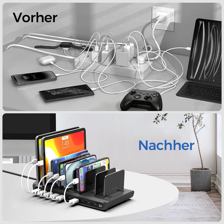 Alxum 60W 10 Port USB Ladestation für mehrere Geräte, LED Echtzeit-Digitalanzeige mit 8×USB-C & 2×US